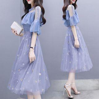 Set: Ruffled Elbow-sleeve Top + Mesh A-line Midi Skirt