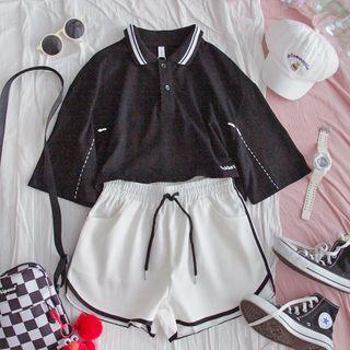 Elbow-sleeve Polo Shirt / Contrast Trim Sweatshorts / Set