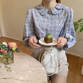 Scallop-collar Balloon-sleeve Floral Blouse