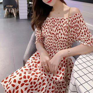 Petal Print Off-shoulder Tiered A-line Dress