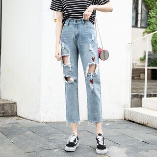 Heart Print Ripped Straight-fit Jeans