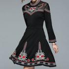 Long-sleeve Floral Embroidery A-line Dress
