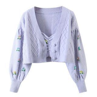 Cropped Floral Accent Cardigan / Knit Camisole Top