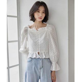 Ruffle Trim Square-neck Eyelet Long-sleeve Cropped Blouse
