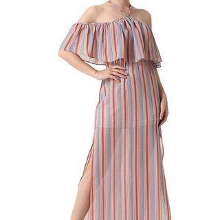 Striped Halter Off-shoulder Maxi A-line Dress