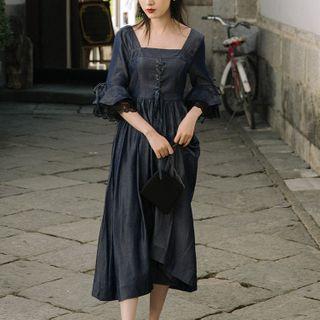 3/4-sleeve Square-neck Midi A-line Dress