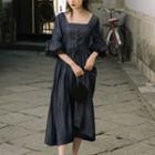 3/4-sleeve Square-neck Midi A-line Dress