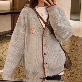 Elephant-embroidery Cardigan Gray - One Size