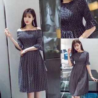 Off Shoulder Elbow-sleeve Midi A-line Dress