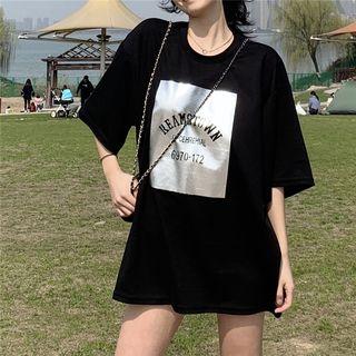 Printed Elbow Sleeve T-shirt Black - One Size