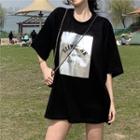 Printed Elbow Sleeve T-shirt Black - One Size