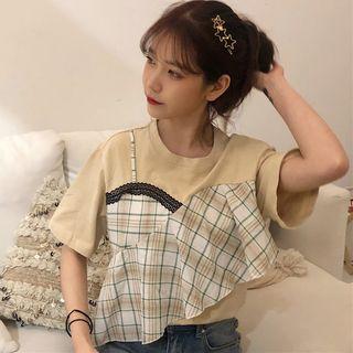 Mock Two-piece Short-sleeve Plaid T-shirt