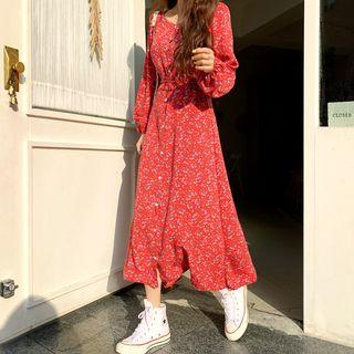 Two-way Balloon-sleeve Floral Long Dress