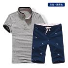 Set: Printed Short Sleeve Polo Shirt + Embroidered Drawstring Shorts