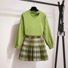 Faux Pearl Cutout Sweater / Plaid Mini A-line Skirt / Set