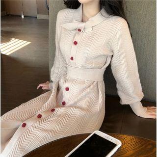 Lantern-sleeve Button-up Midi Sweater Dress
