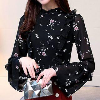 Printed Ruffle Trim Long-sleeve Top