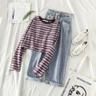 Color-block Striped Crewneck Long-sleeve Top / High-waist Wide-leg Jeans