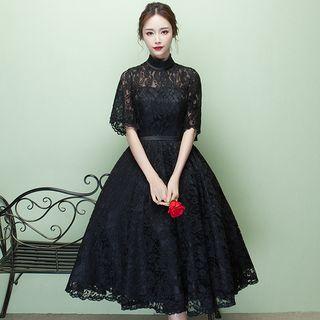 Elbow-sleeve Lace Midi A-line Party Dress