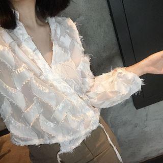 Long-sleeve Furry Trim Cropped Blouse