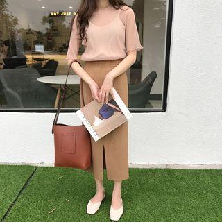Polka Dot Short-sleeve Top With Camisole / Midi Skirt