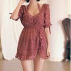Set: Floral Print Bikini + Short-sleeve Cover-up Dress