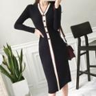Long-sleeve Midi Knit Sheath Dress As Shown In Figure - One Size