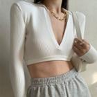 Long-sleeve V-neck Placket Cropped Top White - One Size