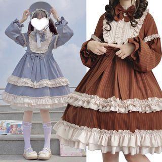 Long-sleeve Ruffle Bow Accent A-line Dress / Headpiece / Set