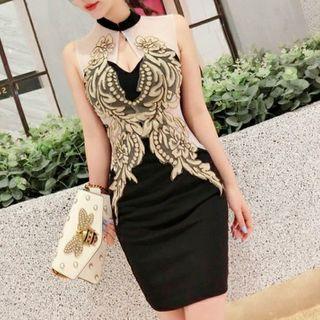 Mesh Panel Sleeveless Mini Sheath Dress