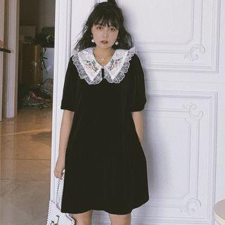 Lace Trim Embroidered Collar Velvet A-line Dress