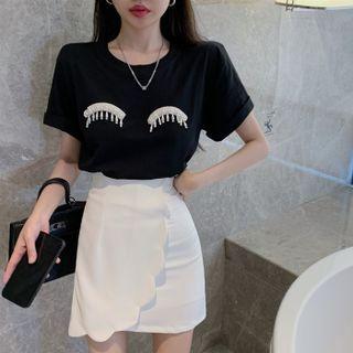 Short-sleeve Faux Pearl Trim T-shirt / Scalloped Mini Pencil Skirt