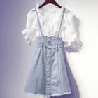Set: Ruffled Elbow-sleeve Blouse + Mini A-line Denim Jumper Skirt