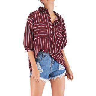 Oversized Striped Shirt Burgundy - Free