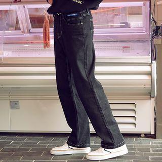 [r:lol] Letter-embroidered Stitched Wide-leg Jeans