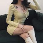 Plain Long-sleeve Sheath Dress Yellow - One Size