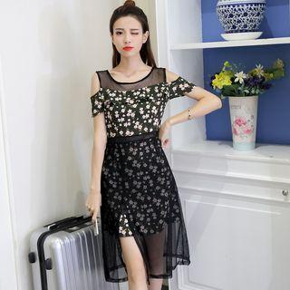 Short-sleeve Sheer Panel Floral A-line Dress