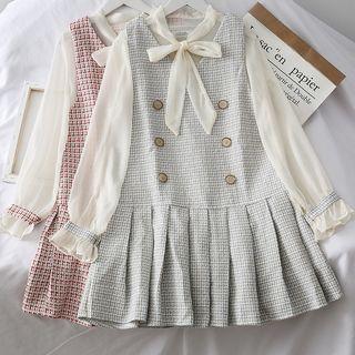 Set: Ribbon-neckline Chiffon Shirt + Buttoned Pleated Mini Dress