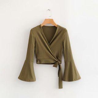 Bell-sleeve Cropped Wrap Knit Top
