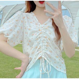 Short-sleeve Drawstring Floral Print Cropped Top