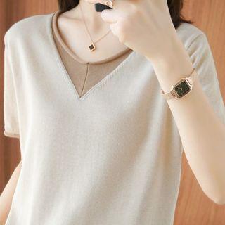 Elbow-sleeve V Neck Plain Loose Fit Knit Top