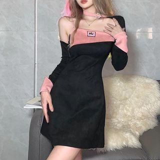 Asymmetrical Long-sleeve Label Applique A-line Dress