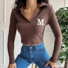 Long Sleeve V-neck Collar Lettering Crop Top
