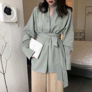 Split-neck Tie-waist Blouse Green - One Size