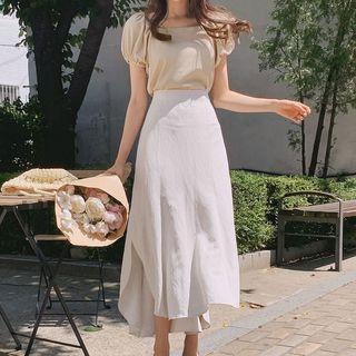 Short-sleeve Square Neck Blouse / Asymmetrical Midi A-line Skirt