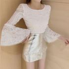 Long-sleeve Lace Top / Bead Faux Leather Mini Pencil Skirt
