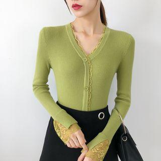 Lace Trim Buttoned Rib Knit Top