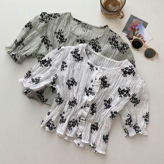 Short-sleeve Ruffle-trim Floral Top