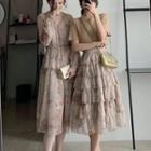 Long-sleeve Floral Chiffon Dress / Midi Tiered Skirt