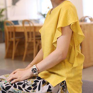 V-neck Flutter-sleeve Linen Blend Top